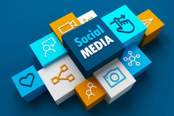 Perspective view of 3D render of SOCIAL MEDIA business concept with symbols on colorful cubes